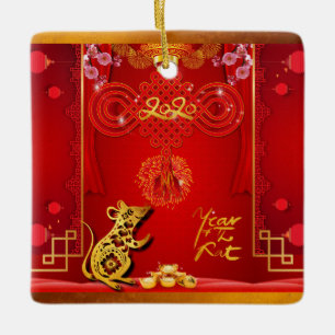 Ornement En Céramique Chine Rat de noeud rouge année 2020 Carré CO