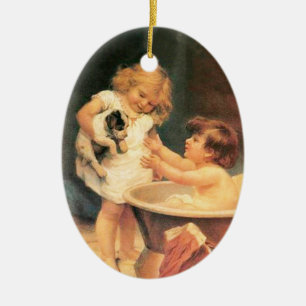 Ornement En Céramique Chiot Prenant Un Bain Vintage Antique