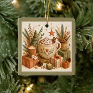 Ornement En Céramique Chocolat Chaud Botanique Vert de Noël Cosy