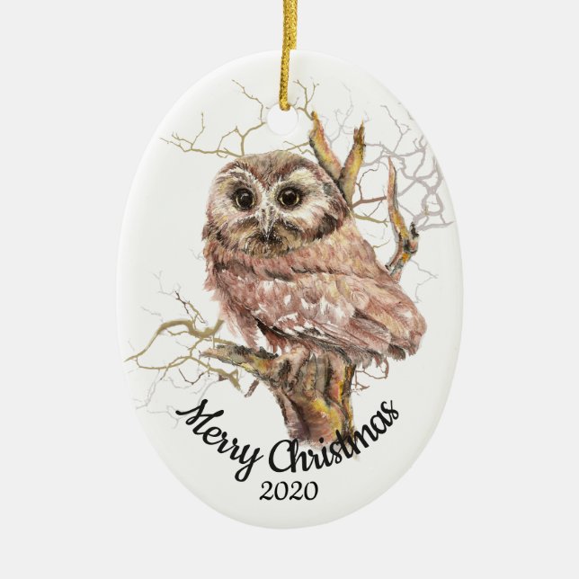 Ornement En Céramique Chouette d'aquarelle de Noël en arbre (Devant)