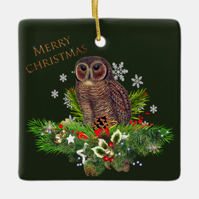 Ornement En Céramique Chouette de Noël Tawny avec verdure de vacances (Devant)