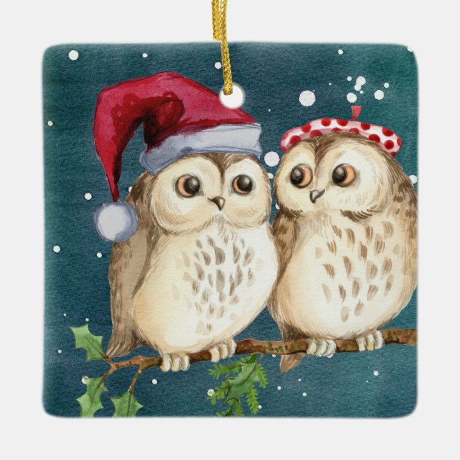 Ornement En Céramique Chouettes de Noël en Branche la nuit (Devant)