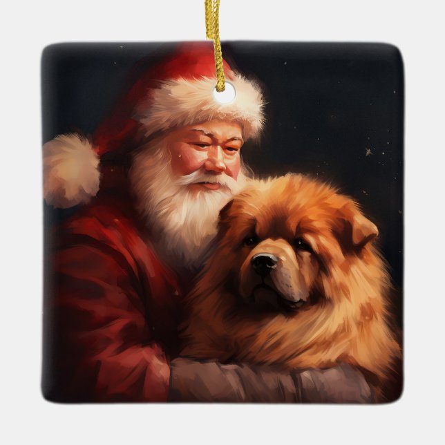 Ornement En Céramique Chow Chow avec Noël Festif du Père Noël (Devant)