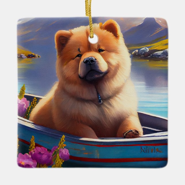 Ornement En Céramique Chow Chow sur un Pagaie: Une Aventure Scénique (Devant)