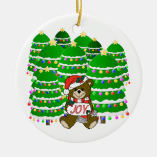 Ornement En Céramique Christmas Bear with JOY Sign and ChristmasTrees