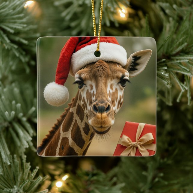 Ornement En Céramique Christmas Giraffe With Holiday Gift (Arbre)