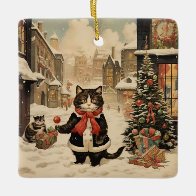 Ornement En Céramique Christmas Kitty, Jour de la neige (Devant)