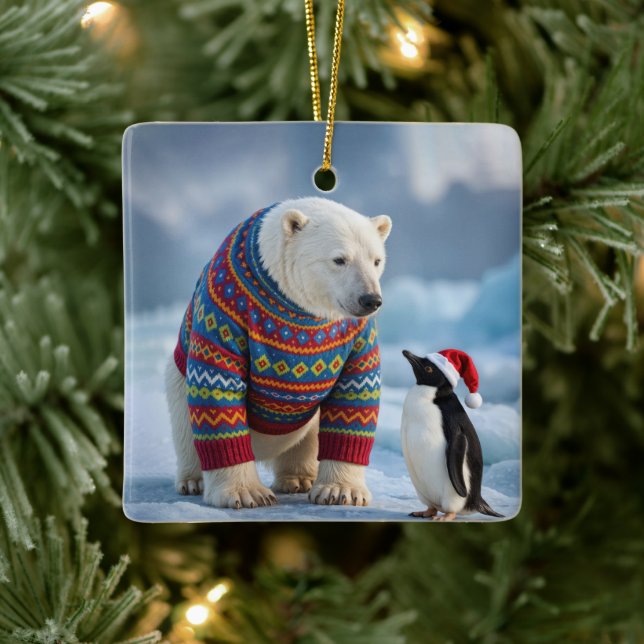 Ornement En Céramique Christmas Polar Bear and Penguin On a Glacier (Arbre)