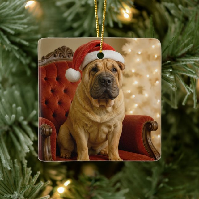 Ornement En Céramique Christmas Shar-Pei Dog With Santa Hat (Arbre)
