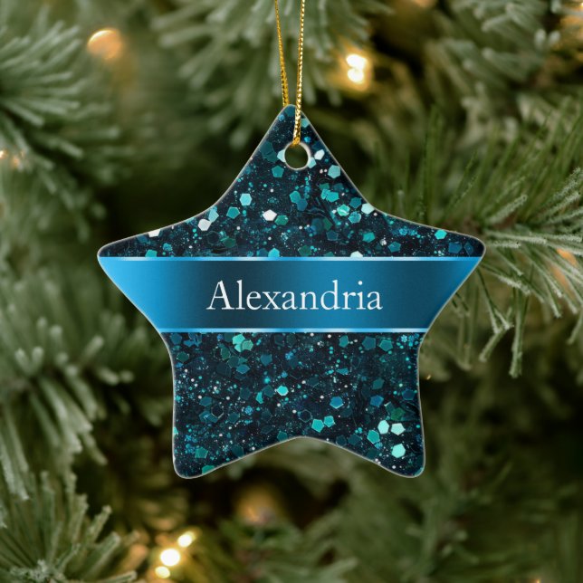 Ornement En Céramique Chunky Blue Aqua Glitz Parties scintillant Nom de  (Arbre)