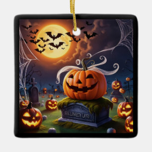 Ornement En Céramique Citrouille d'Halloween sur une pierre de tête
