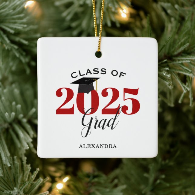 Ornement En Céramique Classe de 2025 Diplômé moderne rouge et noir (Arbre)