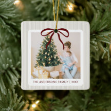 Classic Beige Stripes Red Bow Christmas