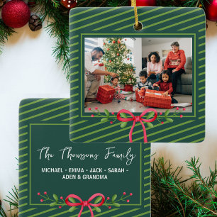 Ornement En Céramique Classic Green Stripe Festive Fête Photo Famille