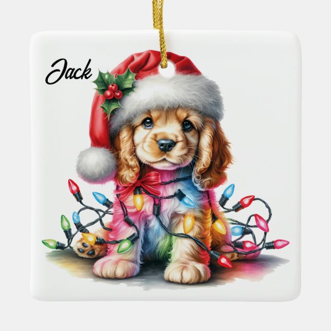 Ornement En Céramique Cocker personnalisé Spaniel Père Noël Noël (Devant)
