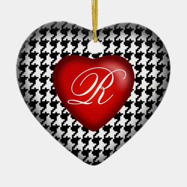 Ornement En Céramique Coeur du monogramme de Houndstooth | noir blanc (Devant)
