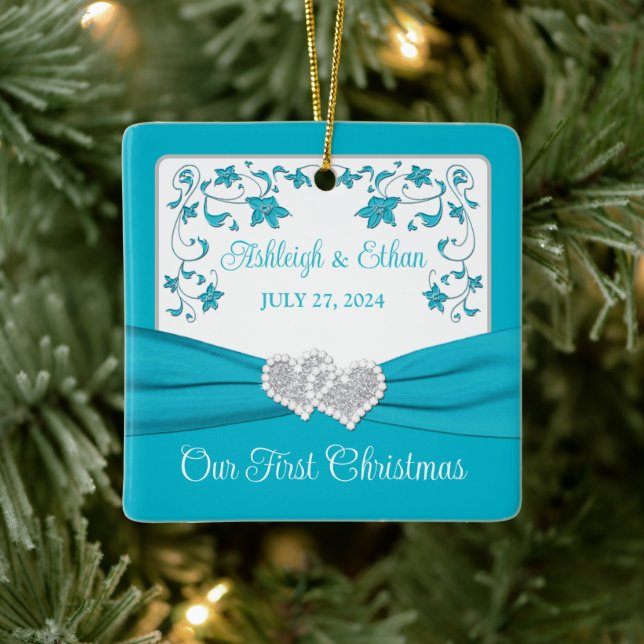 Ornement En Céramique Cœurs de mariage d'amour bleu argent 1er Noël (Arbre)