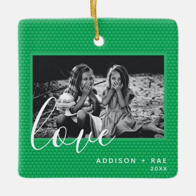 Ornement En Céramique Coeurs Noël Vacances Vert Photo personnalisée (Devant)