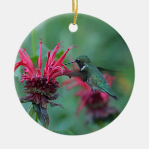 Ornement En Céramique Colibri alimentant sur les fleurs roses