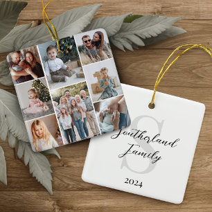 Ornement En Céramique Collage Multiphoto minimal Nom de famille Monogram