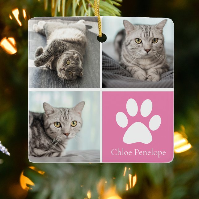 Ornement En Céramique Collage photo de chat personnalisé Joli rose doubl (Créateur téléchargé)