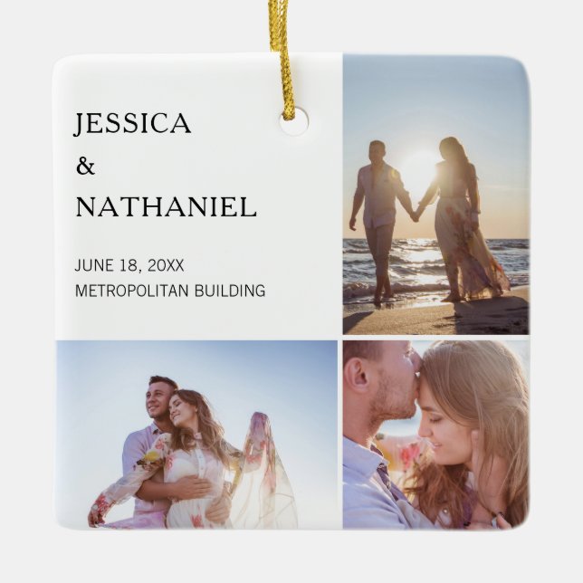 Ornement En Céramique Collage photo mariage | Noël blanc (Devant)