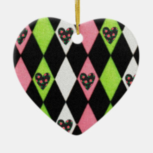 Ornement En Céramique Colorful harlequin Print with Rose Hearts