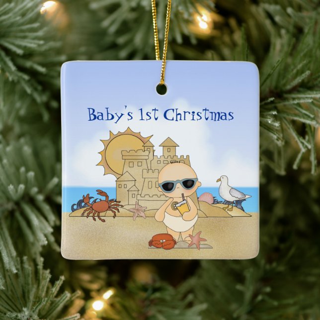 Ornement En Céramique Cool personnalisé Boy Beach Baby's 1er Christmas (Arbre)