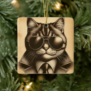 Ornement En Céramique Cool Retro Chat dans Aviator Lunettes de soleil No