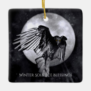 Ornement En Céramique Corbeau de corbeau solstice d'hiver et lune