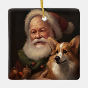 Ornement En Céramique Corgi avec le Père Noël Noël Festif