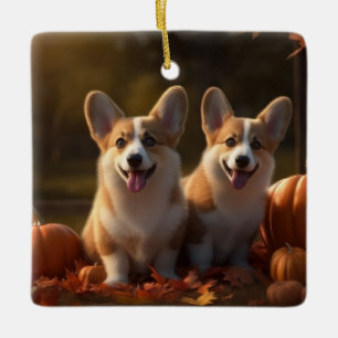 Ornement En Céramique Corgi chiot Automne Délice Citrouille 