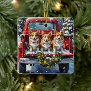 Ornement En Céramique Corgi Noël Camion Rouge Fêtes