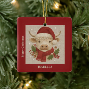 Ornement En Céramique Cottagecore rustique Highland Cow avec Santa Hat