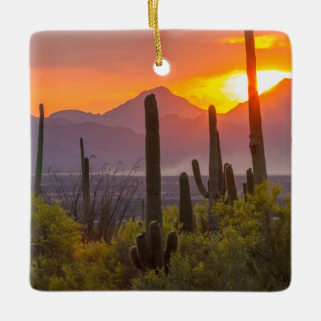 Ornement En Céramique Coucher de soleil de cactus du désert, Arizona (Devant)