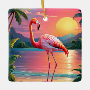 Ornement En Céramique Coucher de soleil flamant rose sur la plage tropic