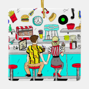 Ornement En Céramique Couple à Fifties Diner Holding Hands Retro
