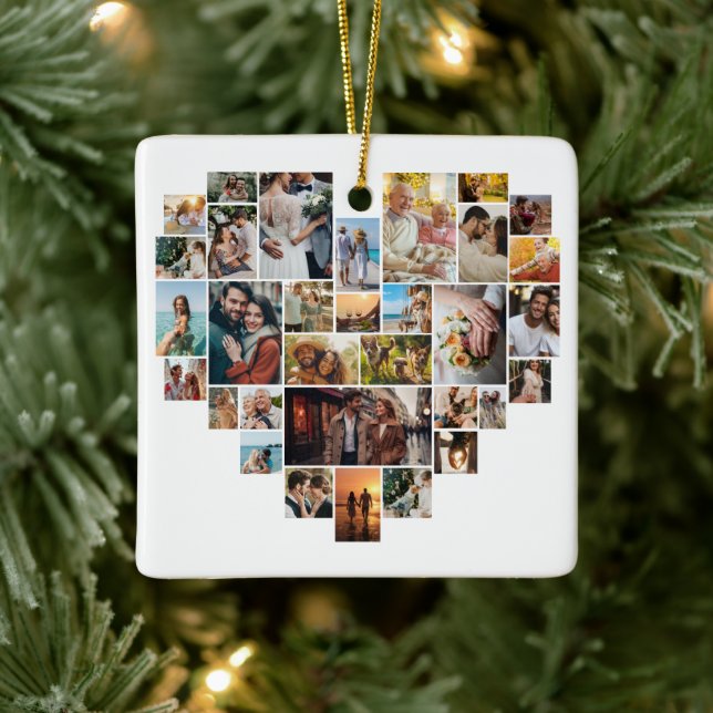 Ornement En Céramique Couple Family Heart Shaped Photo Collage  (Arbre)