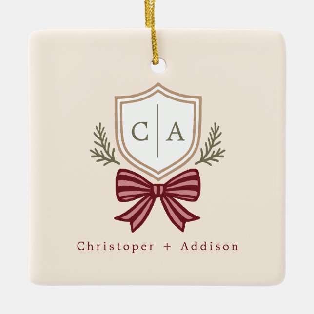 Ornement En Céramique Couple sur mesure Monogram Crest Bow Noël (Devant)