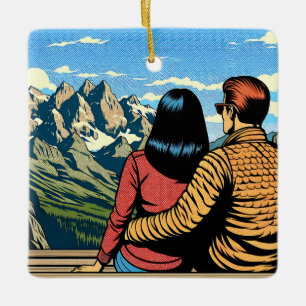 Ornement En Céramique Couple surplombant une vue panoramique de Noël