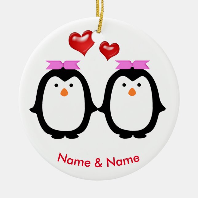Ornement En Céramique Couples affectueux de pingouin deux femelles (Devant)