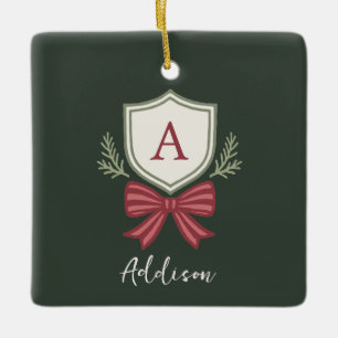 Ornement En Céramique Couronne de Noël à arc personnalisé avec monogramm