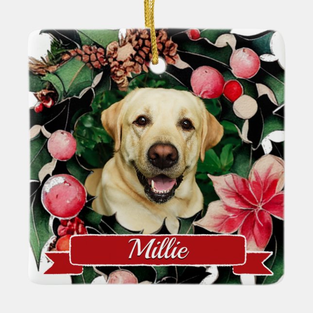 Ornement En Céramique Couronne de Noël aquarelle pour photo de chien  (Devant)
