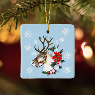 Ornement En Céramique Couronne festive de Noël en bleu avec des rennes