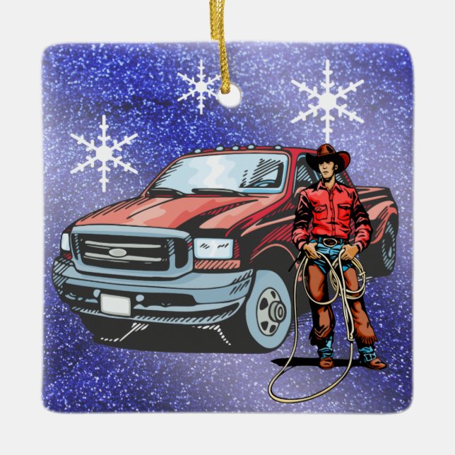 Ornement En Céramique Cowboy Et Camion Western Rodeo Noël (Devant)