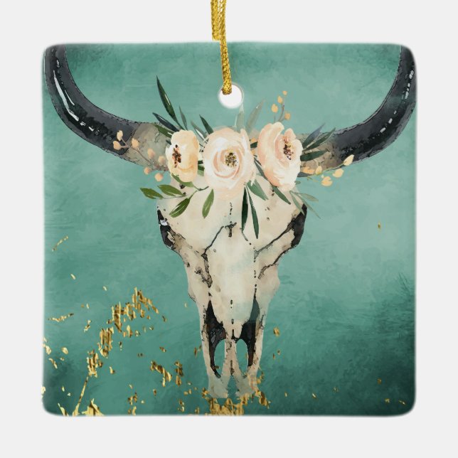 Ornement En Céramique Crâne de vache Boho personnalisé, Fleurs sur Turqu (Devant)