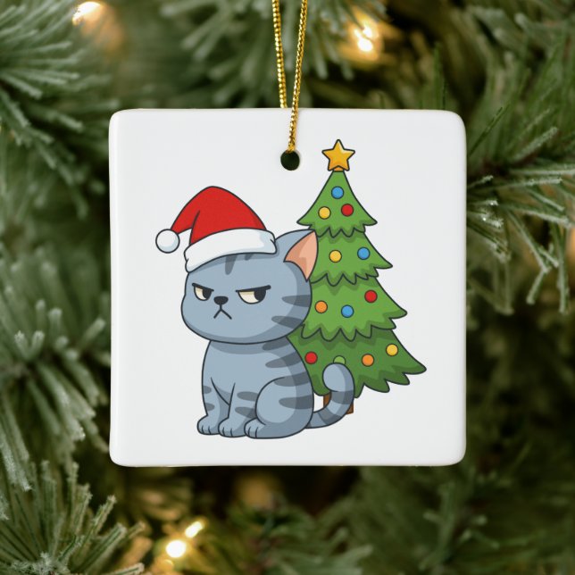 Ornement En Céramique Cranky Grey Tabby Cat Red Hat Christmas Tree (Arbre)