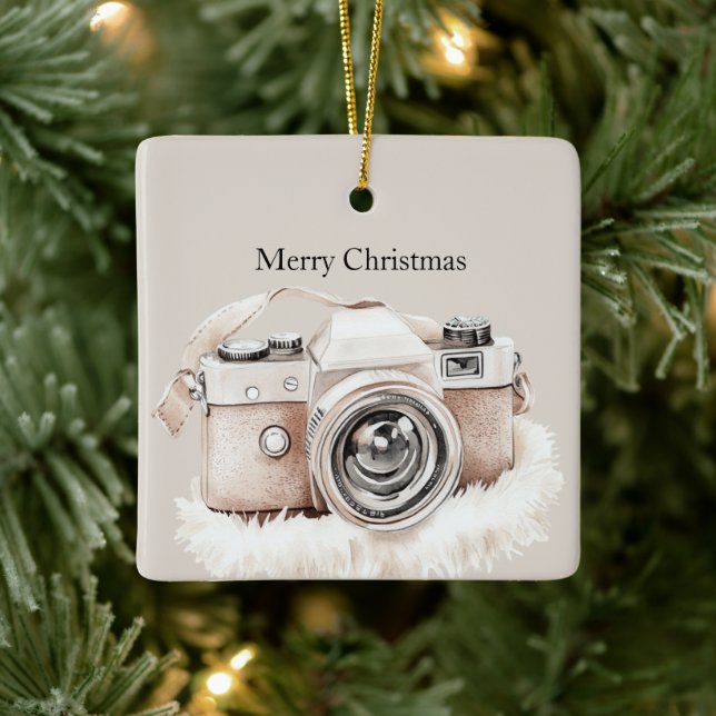 Ornement En Céramique Cream Beige Camera Stripes Christmas (Arbre)