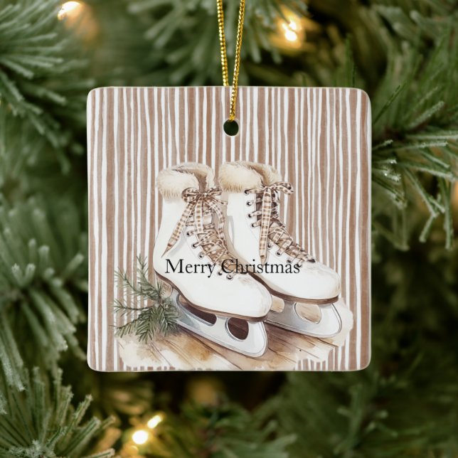Ornement En Céramique Cream Beige Ice Skates Christmas (Arbre)