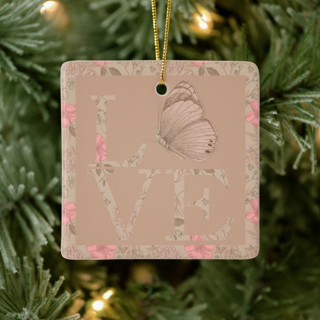 Ornement En Céramique Crème Pink Love Papillon Floral (Arbre)